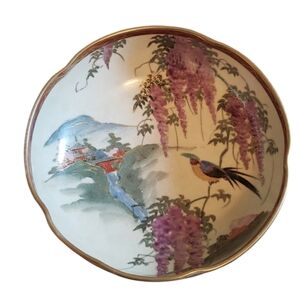 Vintage Chinese Gold Trimmed Hand Painted Bowl with Wisteria and Bird